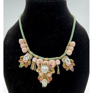 J.Crew Dragonfly Crystal Statement Necklace Multi-Color Light Gold Ox Leather